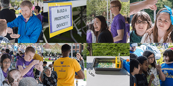 Composite image of UW Bioengineering students, faculty and staff leading youth outreach exercises at 2014 Engineering Discovery Days