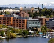 Aerial photo of UW Bioengineering W.H. Foege Building by Portage Bay