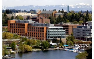 Aerial photo of UW Bioengineering W.H. Foege Building by Portage Bay