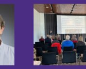 A montage of two images - Research Associate Professor Eric Chudler, a group of older adults in chairs facing lecturer Eric Chudler.
