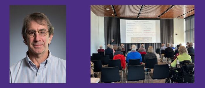 A montage of two images - Research Associate Professor Eric Chudler, a group of older adults in chairs facing lecturer Eric Chudler.