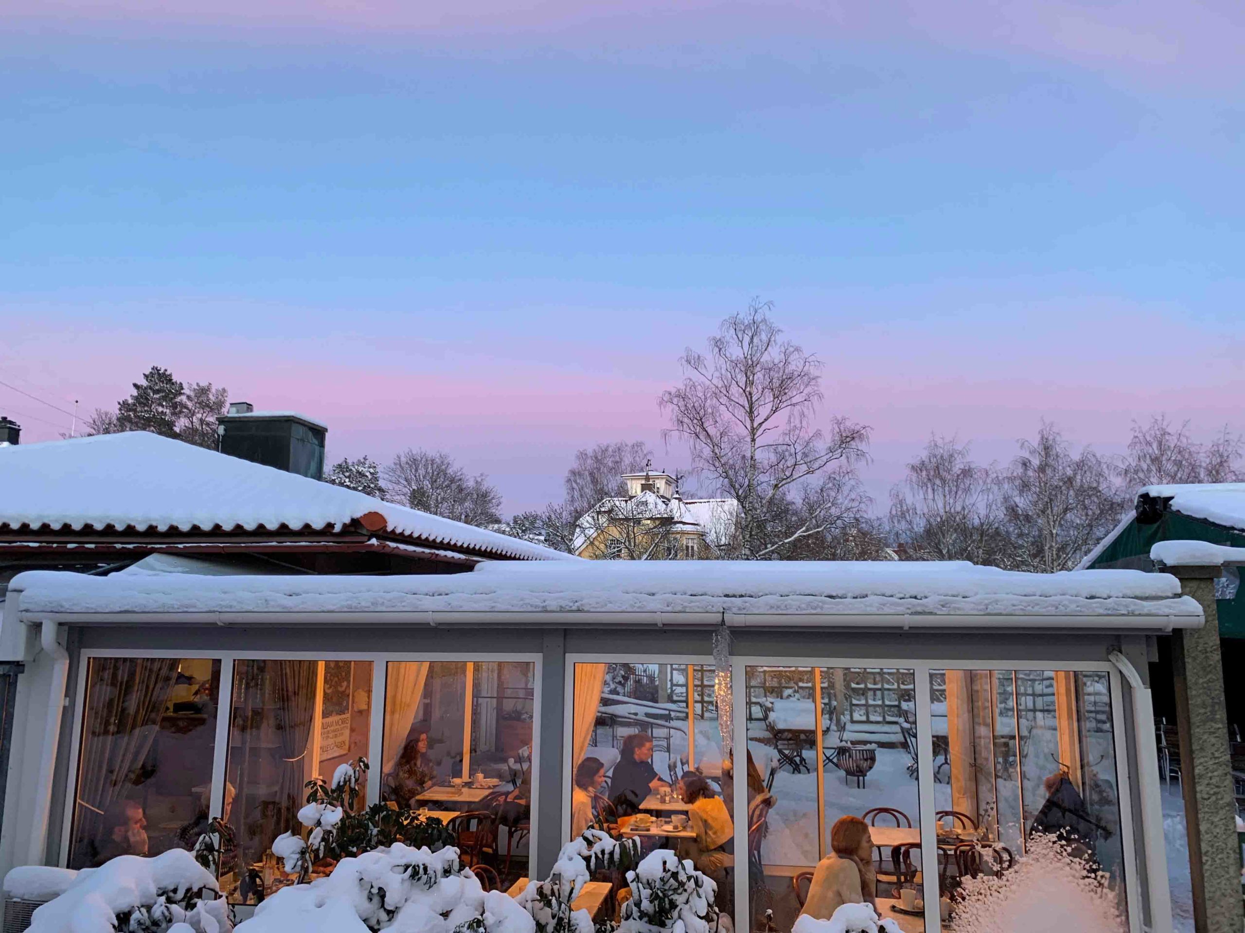 snowy exterior of restaurant in Sweden