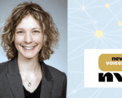 Kelly Stevens headshot and New Voices logo