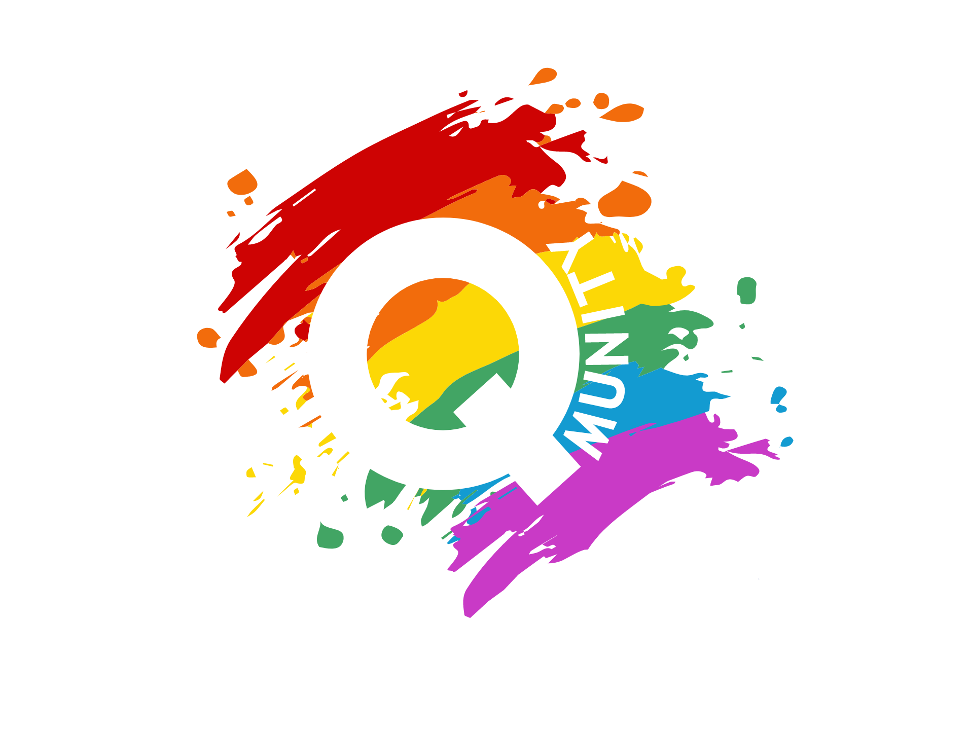 Q-Munity logo letter Q over rainbow swash