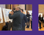 Students that make up Team VenoSense talking to the judges at the UW Science and Technology Showcase and the team posing in front of their third-place-prize-winning poster.