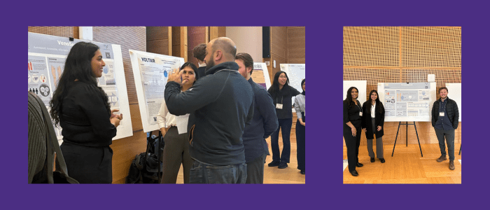 Students that make up Team VenoSense talking to the judges at the UW Science and Technology Showcase and the team posing in front of their third-place-prize-winning poster.