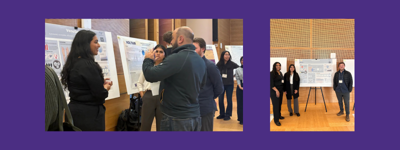 Students that make up Team VenoSense talking to the judges at the UW Science and Technology Showcase and the team posing in front of their third-place-prize-winning poster.