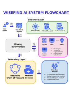 : A flowchart describing "WiseFind Agentic AI" and showing the user query, evidence layer, missing information layer, reasoning layer, and enriched answer layer.