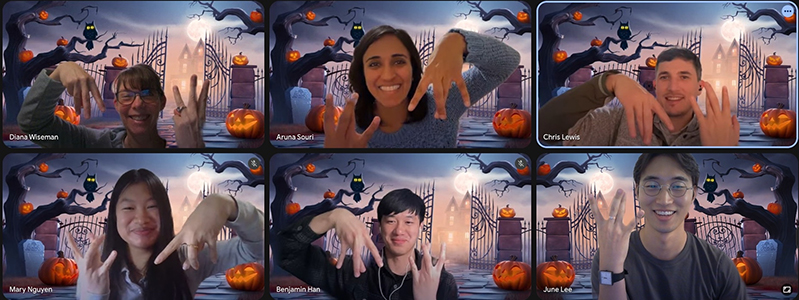 The six members of the WiseMind team meet on Zoom. They are making Ws with their hands, and have Halloween themed frames around their Zoom video feeds.