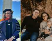 Zaina Banihani, a UW Bioengineering Master of Pharmaceutical Bioengineering alumna, in two photos: first, wearing her Ph.D. regalia; second, happily posing with her family.