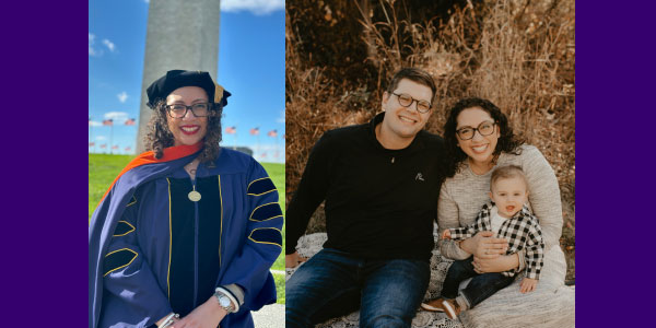 Zaina Banihani, a UW Bioengineering Master of Pharmaceutical Bioengineering alumna, in two photos: first, wearing her Ph.D. regalia; second, happily posing with her family.