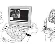 line drawings of student at computer, PT with student
