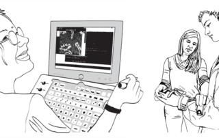 line drawings of student at computer, PT with student
