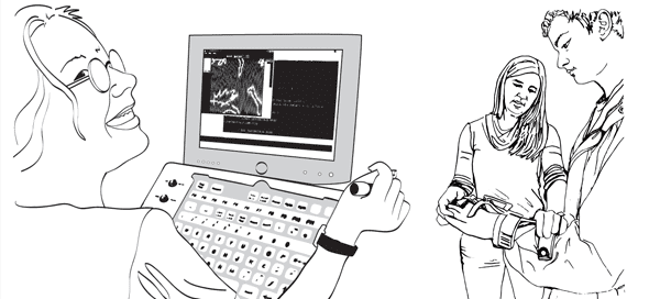 line drawings of student at computer, PT with student