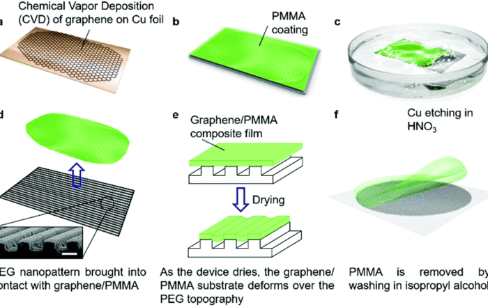 Schematic illustration detailing the fabrication process for generating patterned graphene–PEG devices