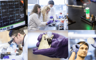 Collage of student researchers and devices in labs