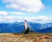 hiking, man, dog, mountains