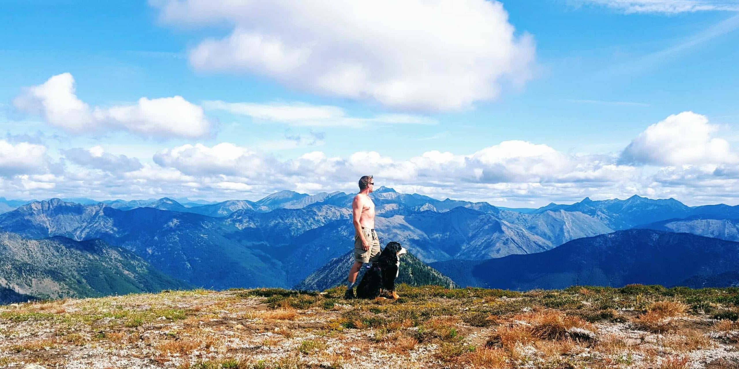 hiking, man, dog, mountains